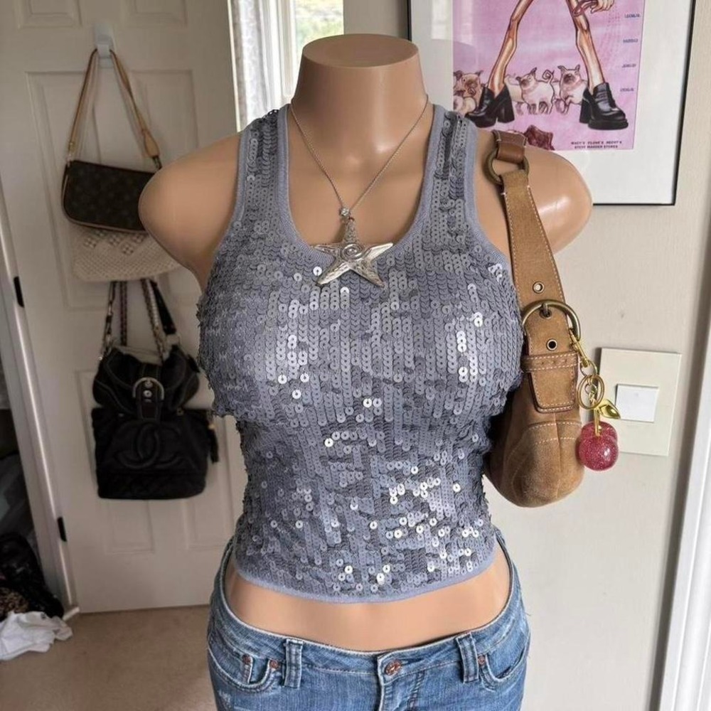 y2k 2000s mcbling silver sequin tank top